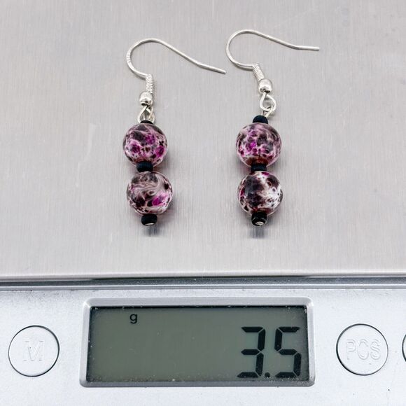 Vintage Sterling Silver 925 Purple Swirl Glass Beaded Dangle Earrings - Picture 6 of 6